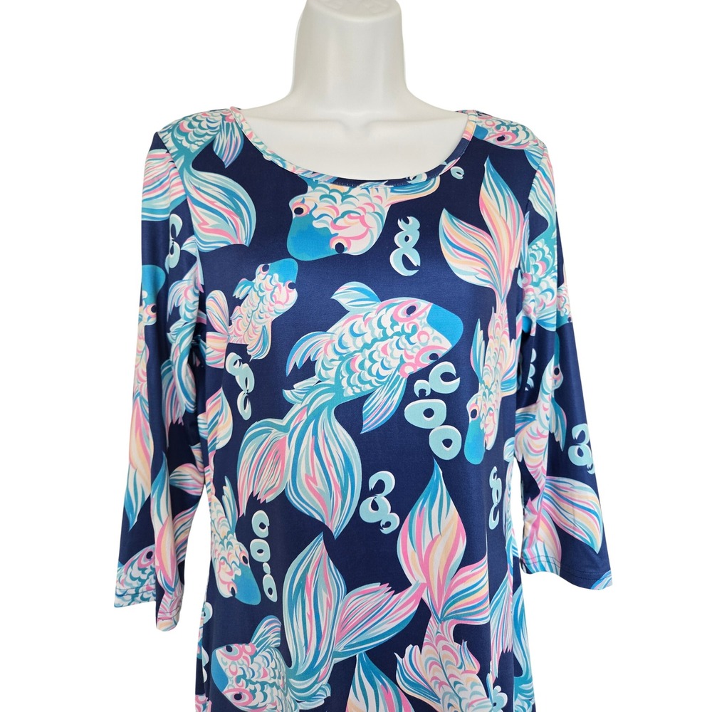 Tango Mango Koi Fish Print Dress S 3/4 Sleeve Stretch Coastal Preppy Dopamine - Picture 3 of 9